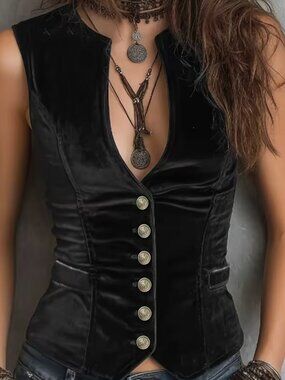 Buttoned V-Neck Sleeveless Vest Black